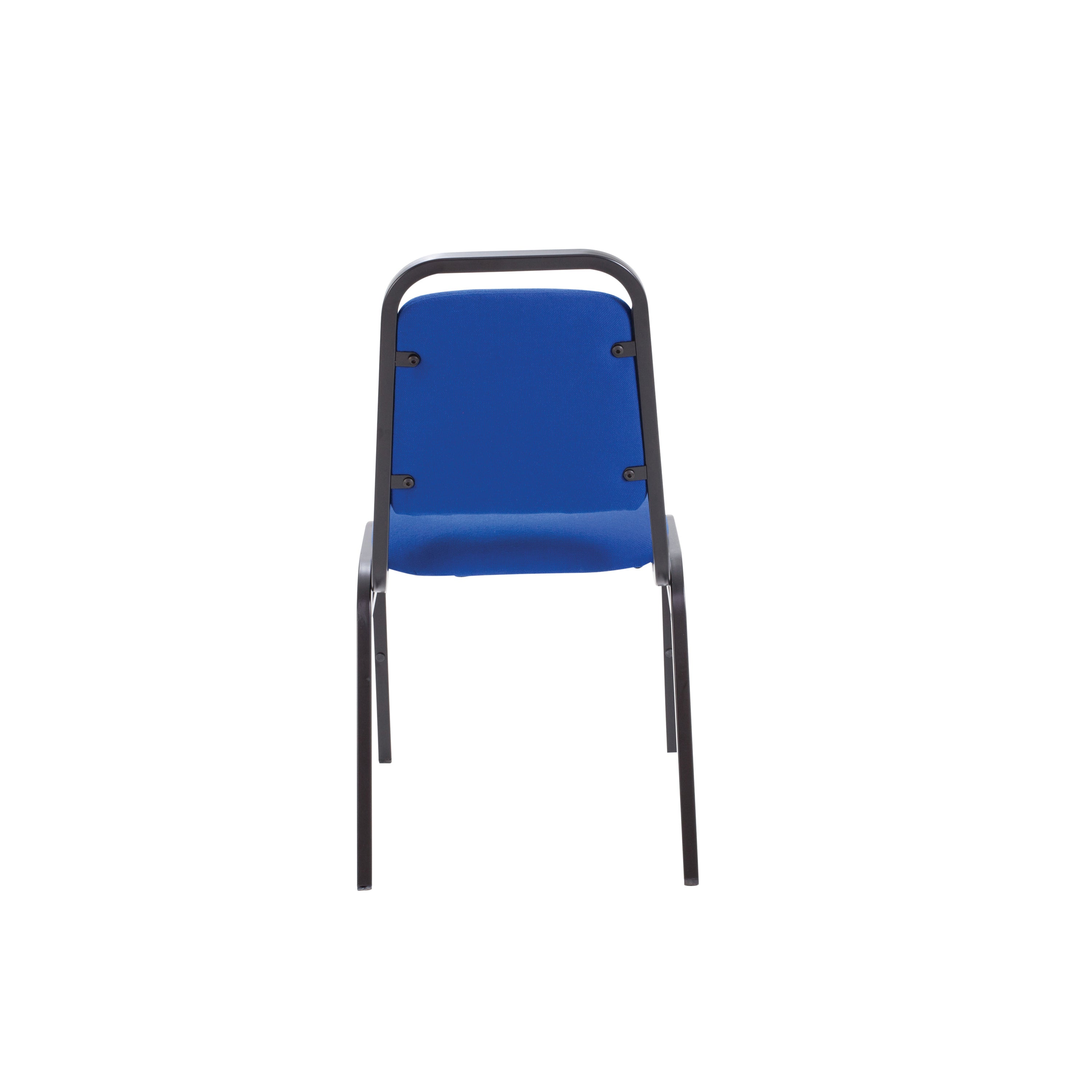 A stack of several blue Arista banqueting chairs, demonstrating their space-saving feature.