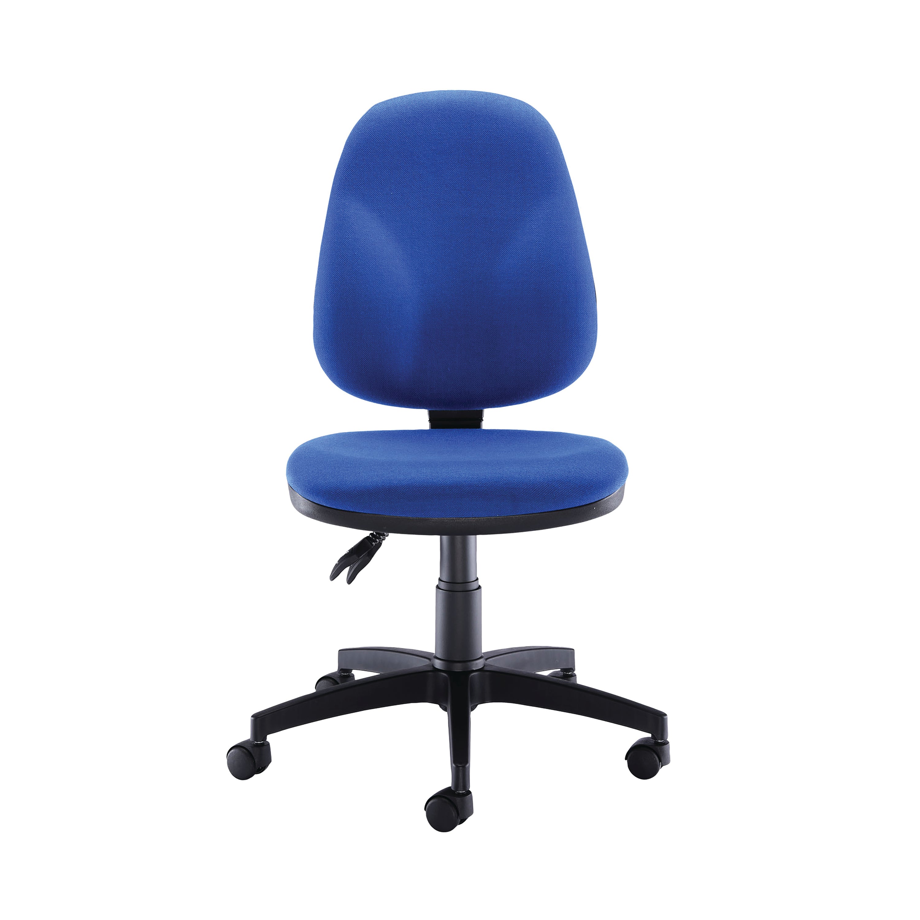 A view of the sturdy five-star base and casters on the blue Arista Aire chair.