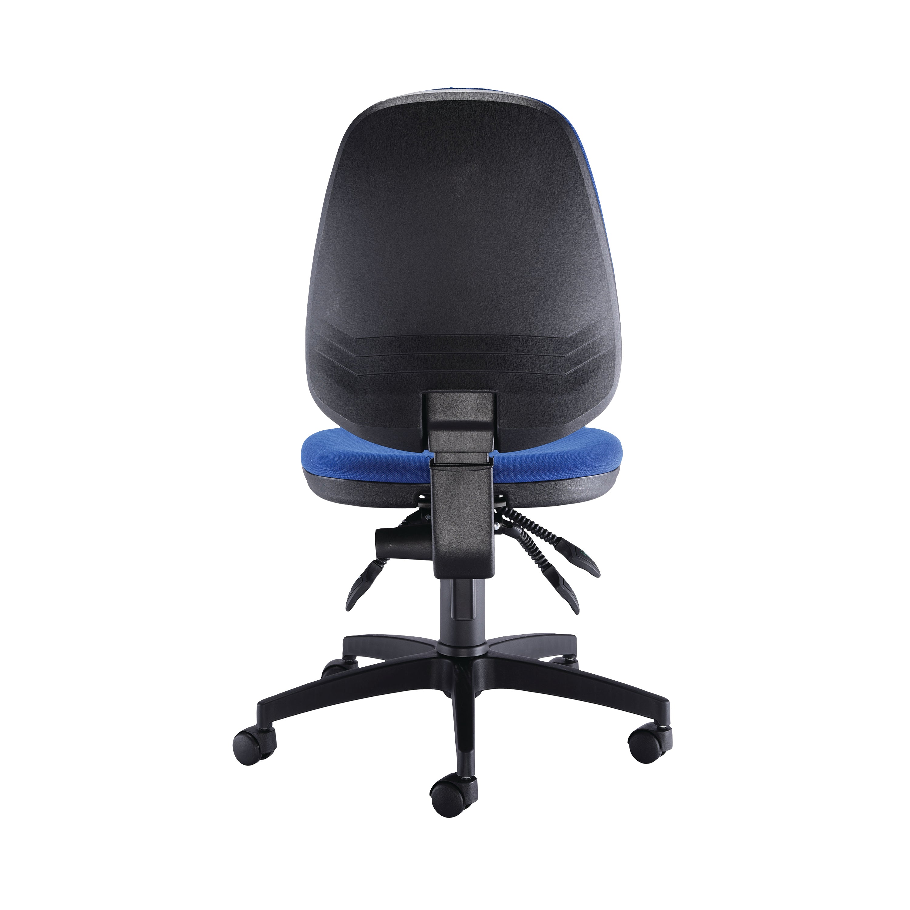 Detail of the adjustable armrest and blue fabric seat of the Arista Aire Deluxe chair.