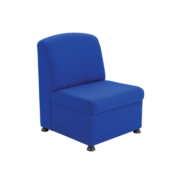 Arista modular reception chair in blue fabric with black legs.
