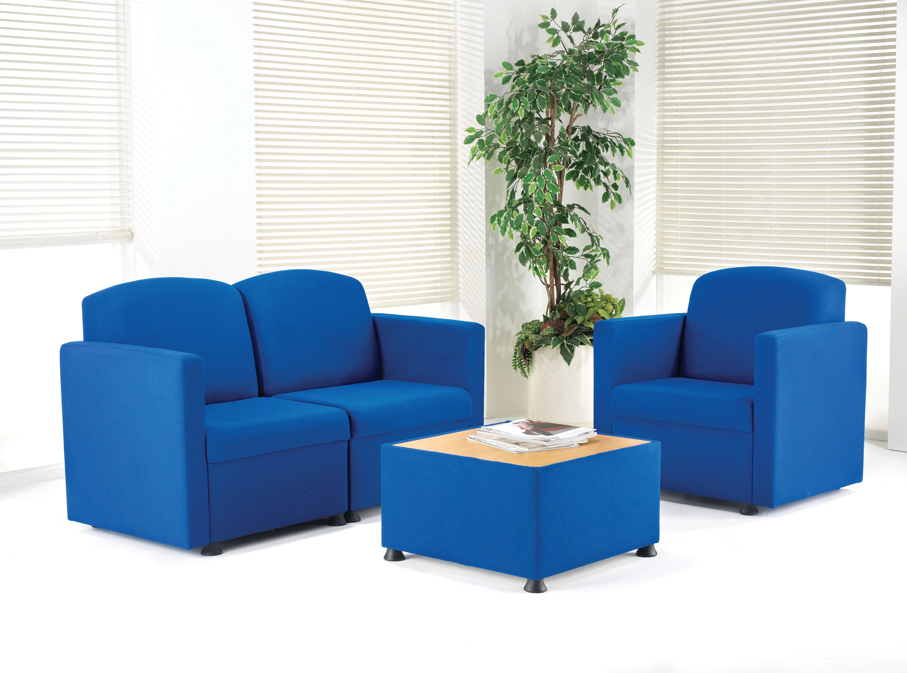 Blue Arista modular chair, highlighting its square shape.
