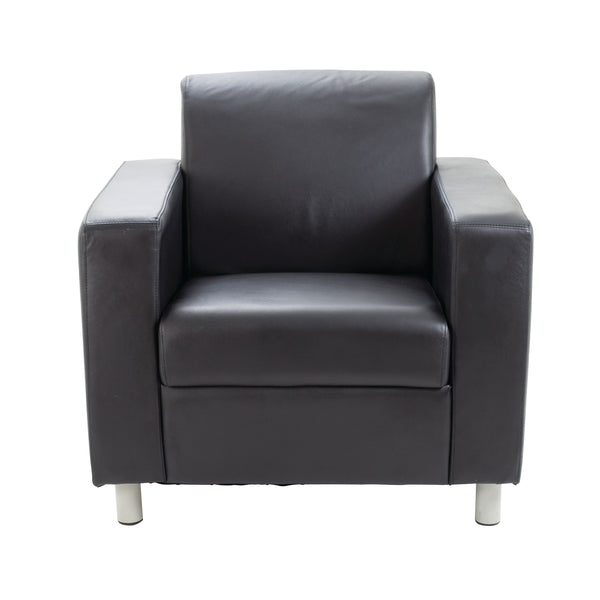 Avior executive reception armchair in black leather-faced finish with wide, comfortable armrests.