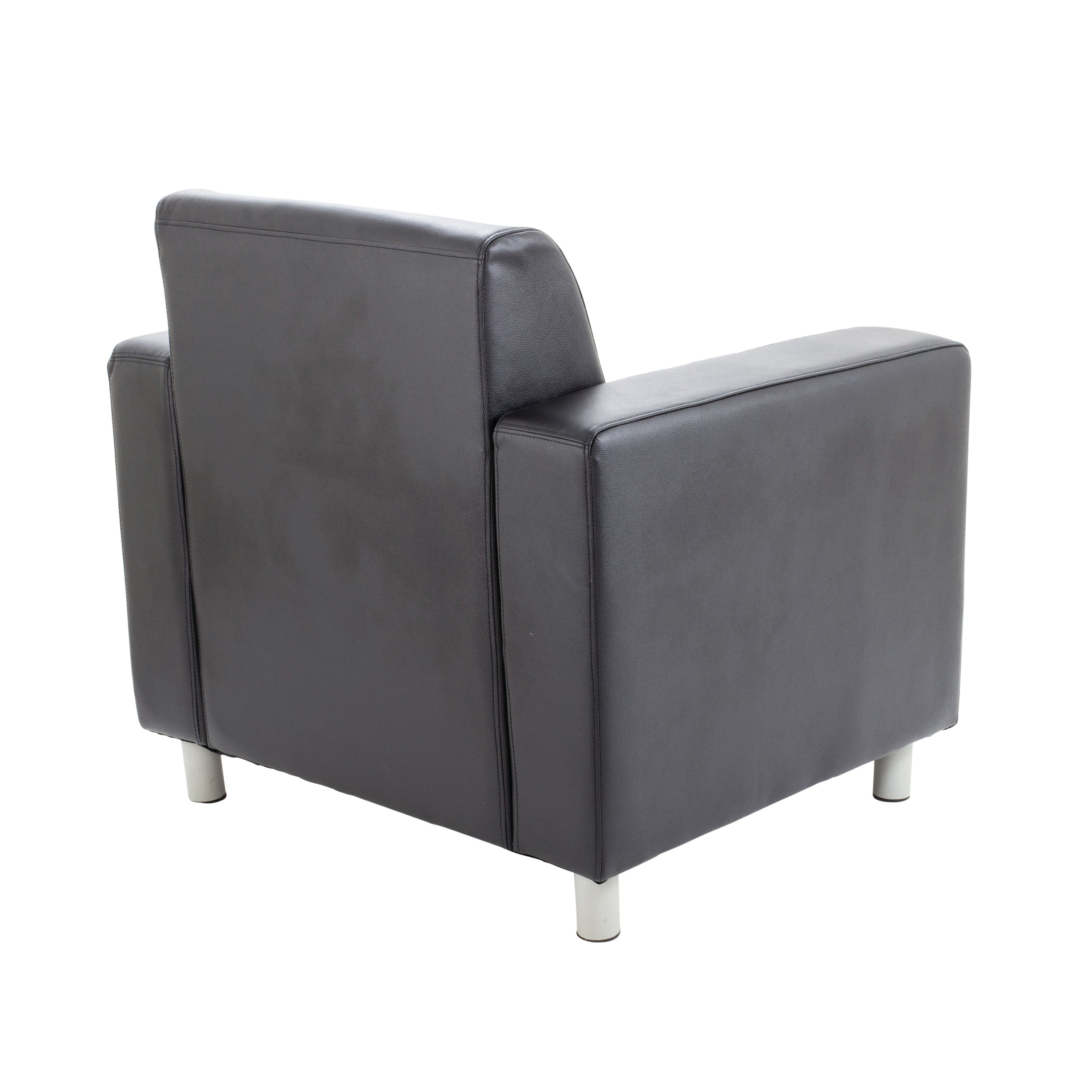 A perspective of the Avior black reception armchair showing its sleek, contemporary frame.