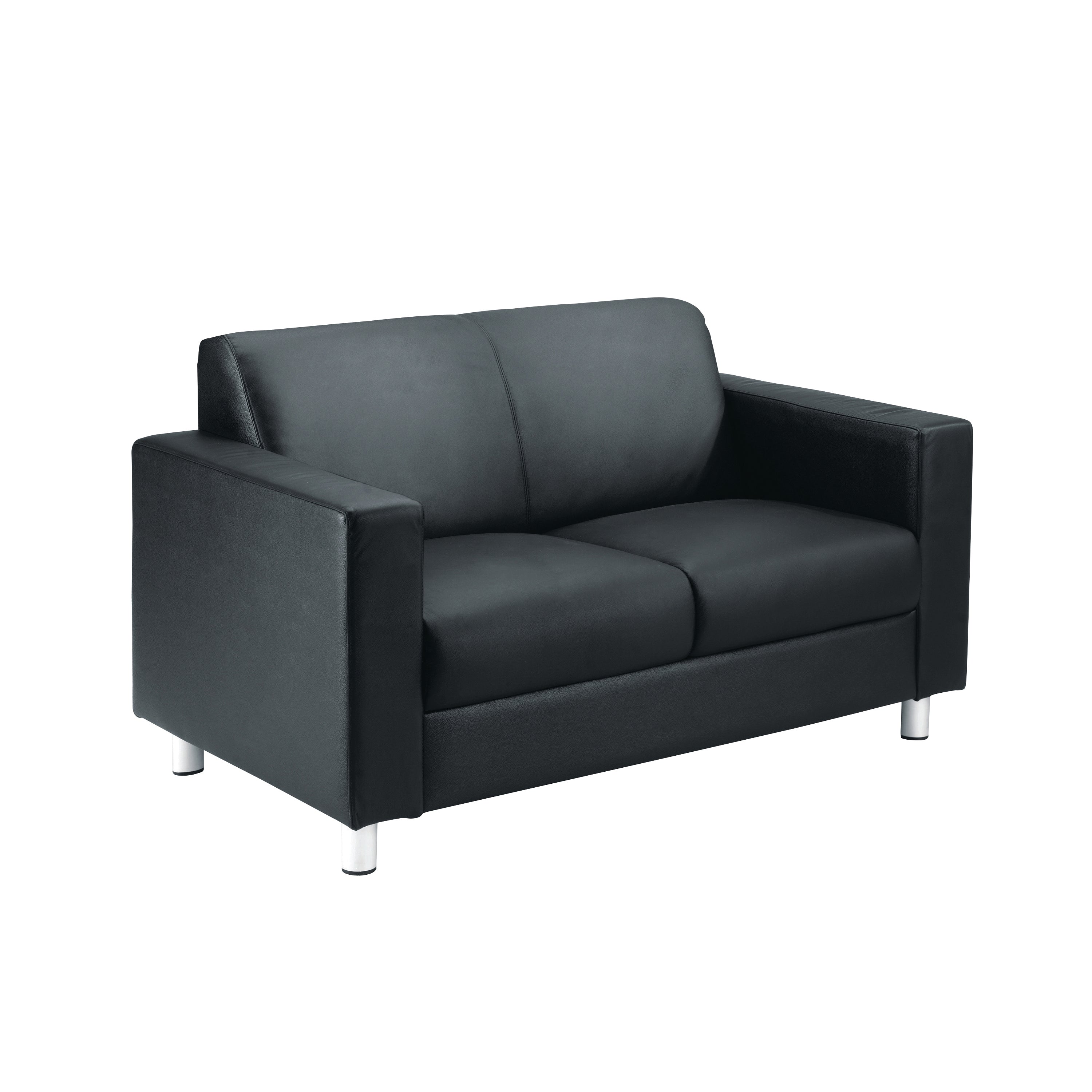 Avior executive reception sofa in black leather-faced upholstery with modern metal feet.