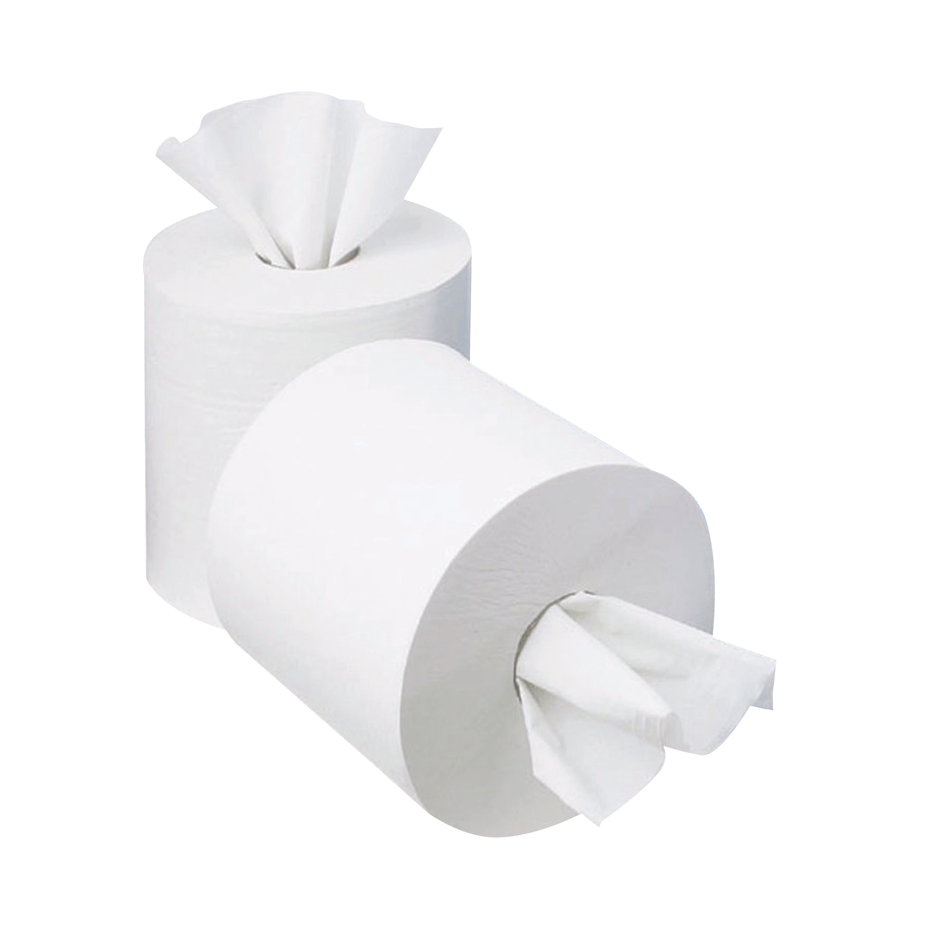 A pack of 12 white 1-ply mini 2Work centrefeed rolls.