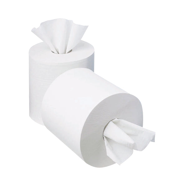 A pack of 12 white 1-ply mini 2Work centrefeed rolls.