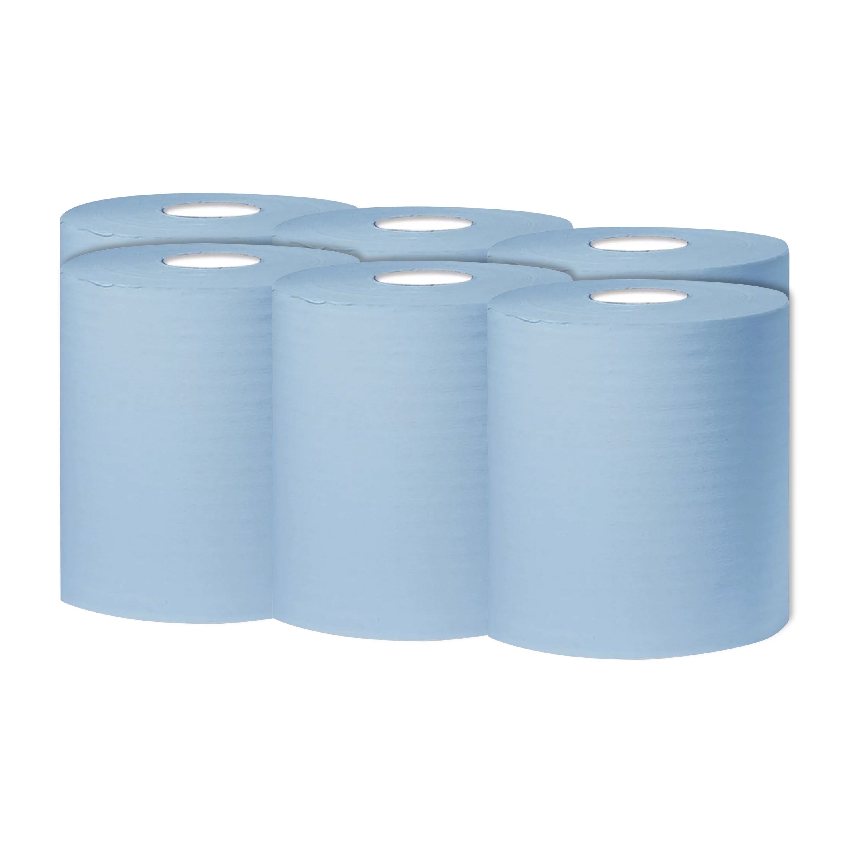 A pack of 6 blue 1-ply 2Work centrefeed rolls.