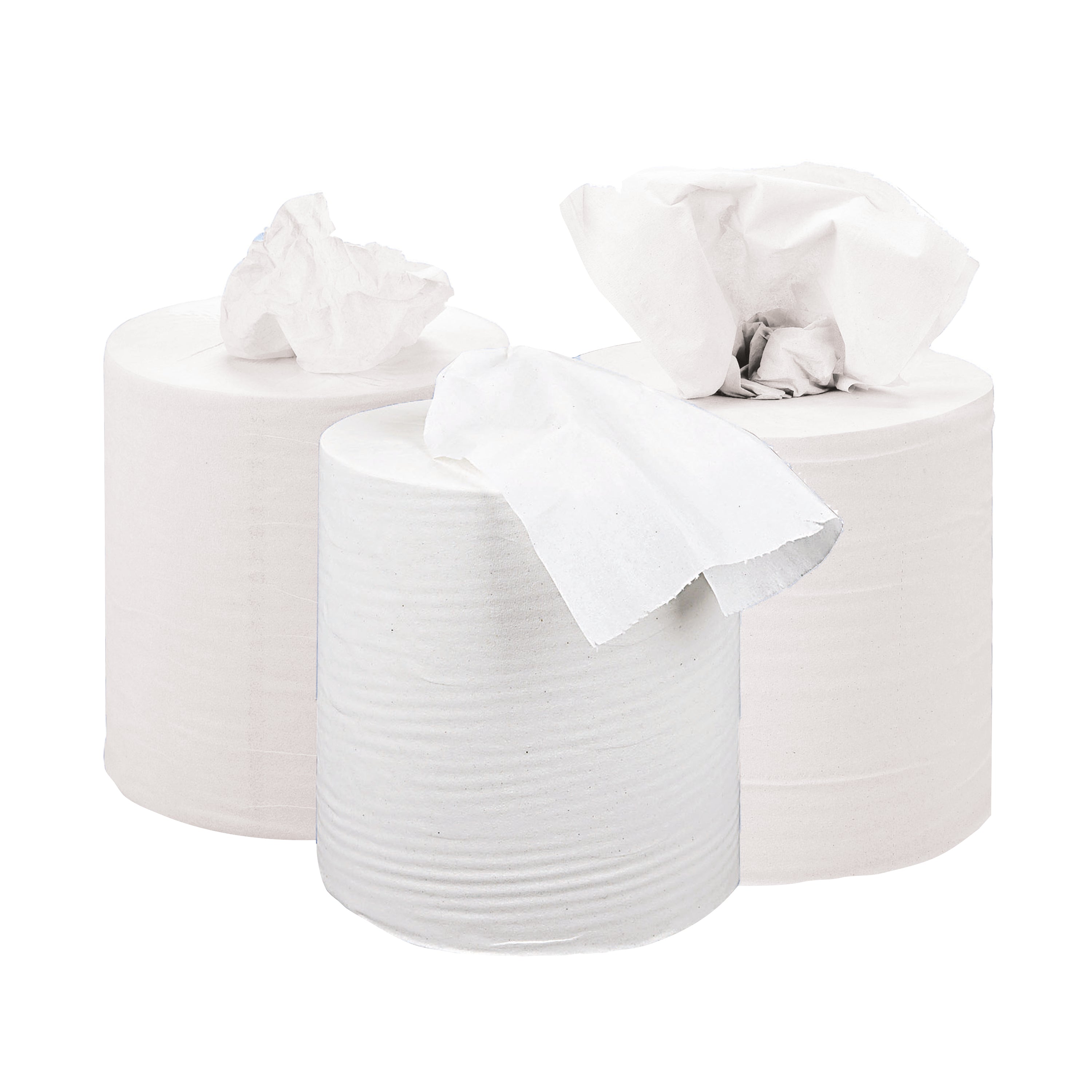 A pack of 6 white 2-ply 2Work centrefeed rolls.