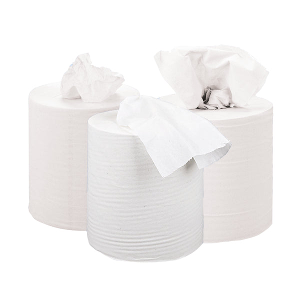 A pack of 6 white 2-ply 2Work centrefeed rolls.