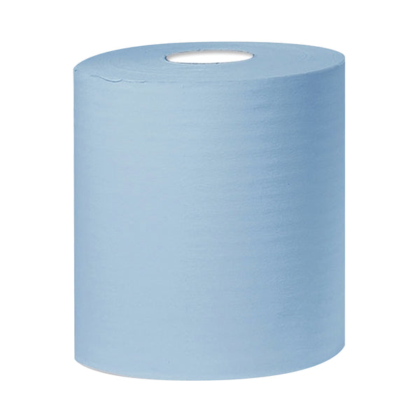 A pack of 6 blue 2-ply 2Work centrefeed rolls.