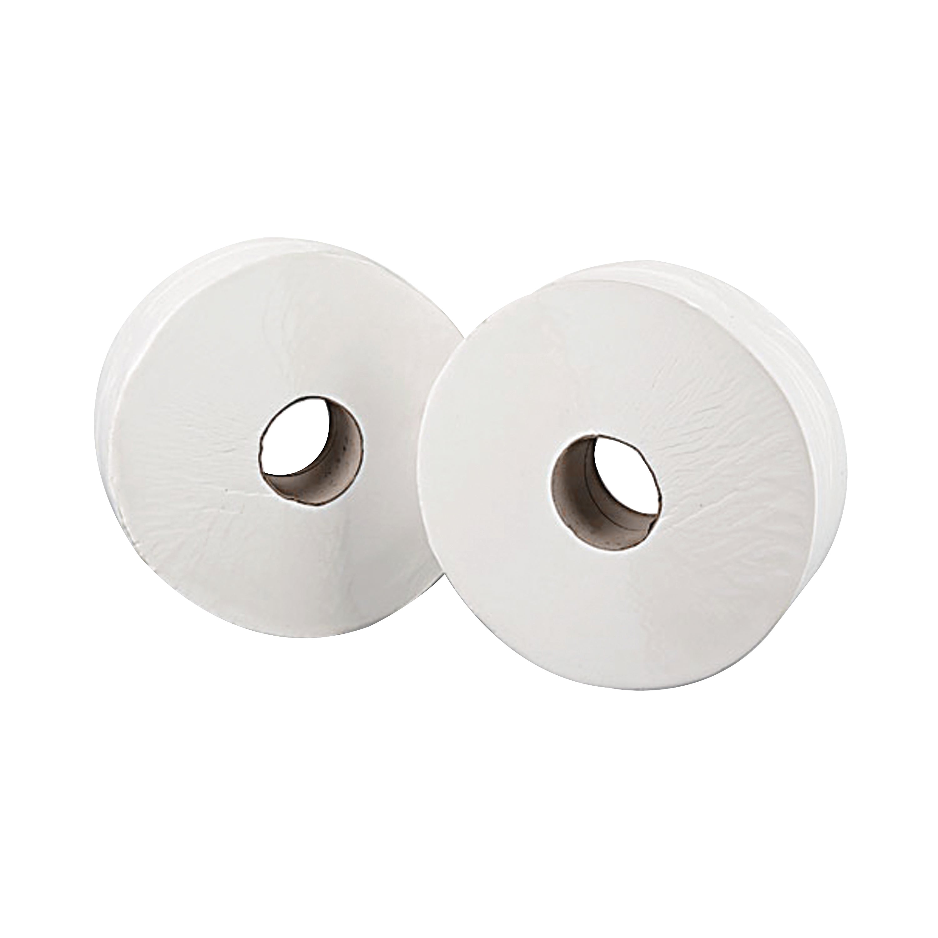A pack of 12 mini jumbo 2-ply 2Work toilet rolls.