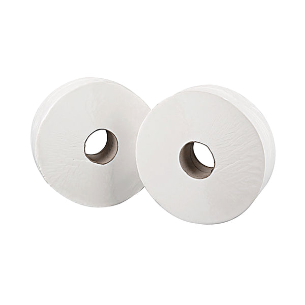 A pack of 12 mini jumbo 2-ply 2Work toilet rolls.