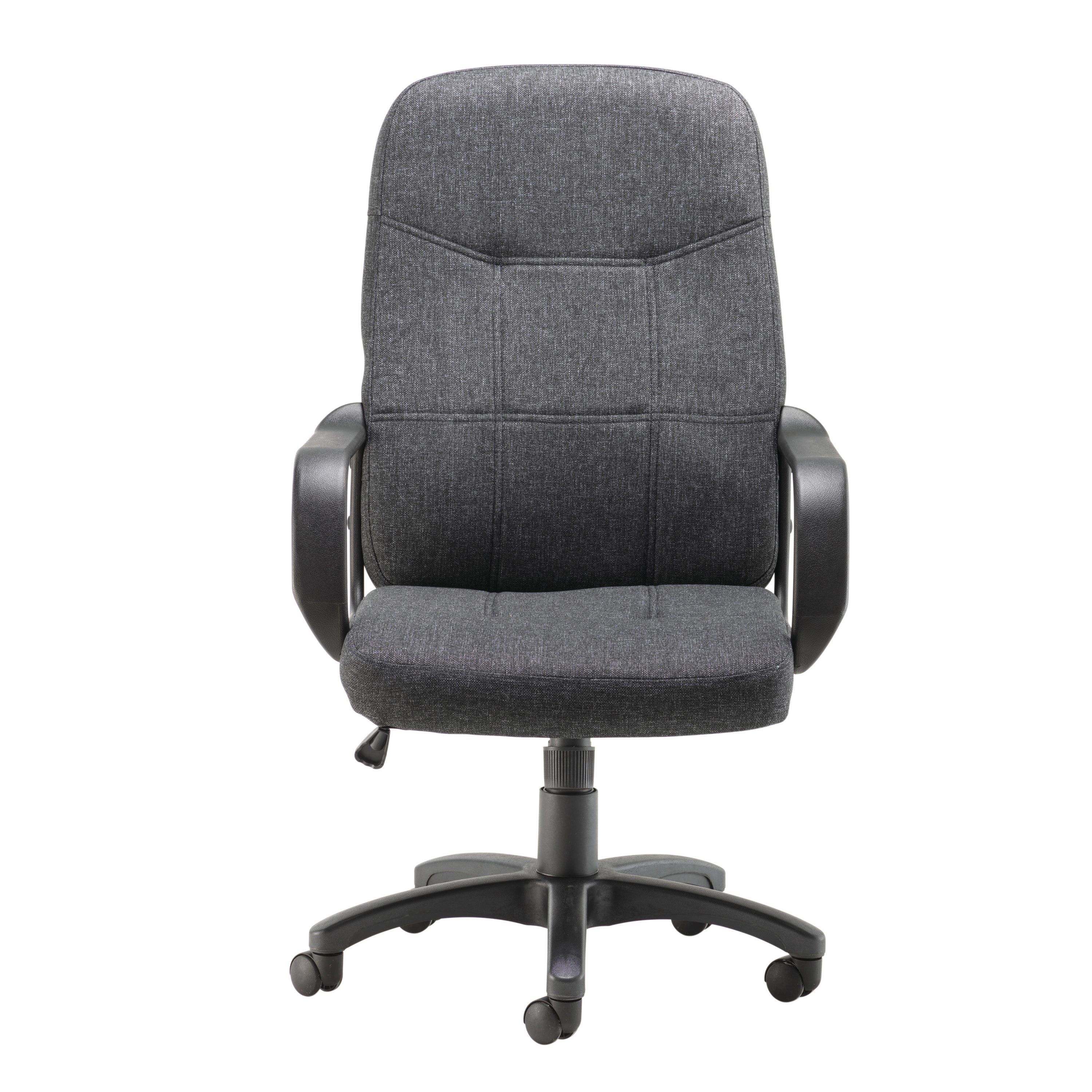 Detail of the caster wheel base on the Arista Franca high-back office chair.