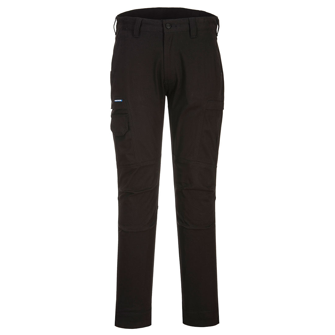 Black winter work trousers with reinforced knee panels and multiple utility pockets
