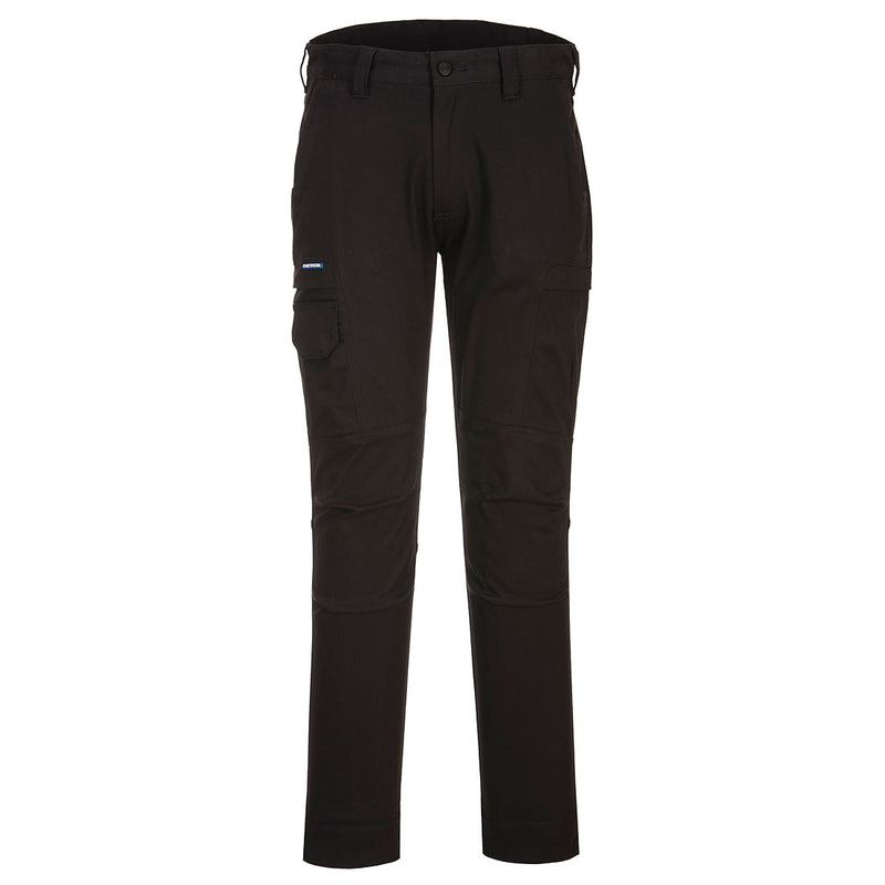 Black winter work trousers with reinforced knee panels and multiple utility pockets
