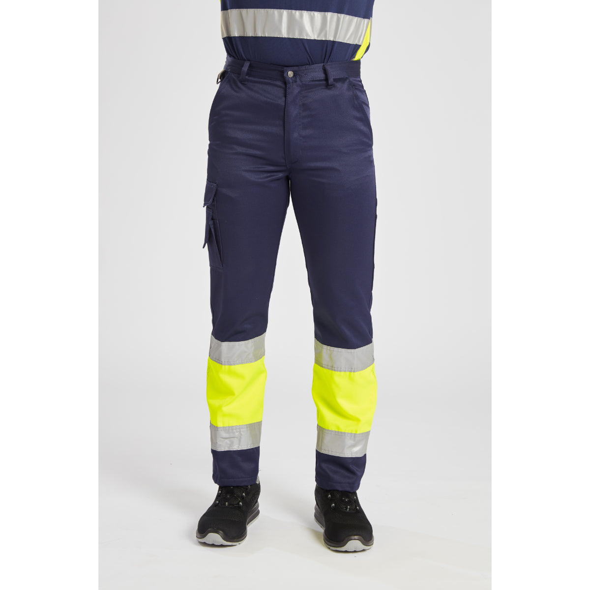 Front studio shot of the yellow/navy Portwest Hi-Vis Lightweight Trouser