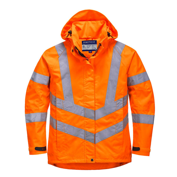 Women’s orange hi-vis vest with reflective bands and front zip for high-visibility safety
