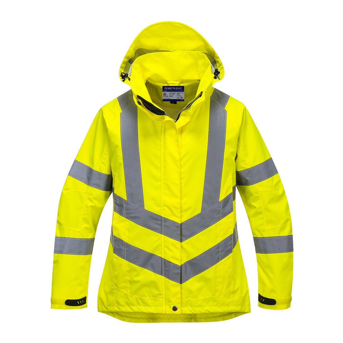 Women’s yellow hi-vis safety vest with full reflective tape and easy front zipper