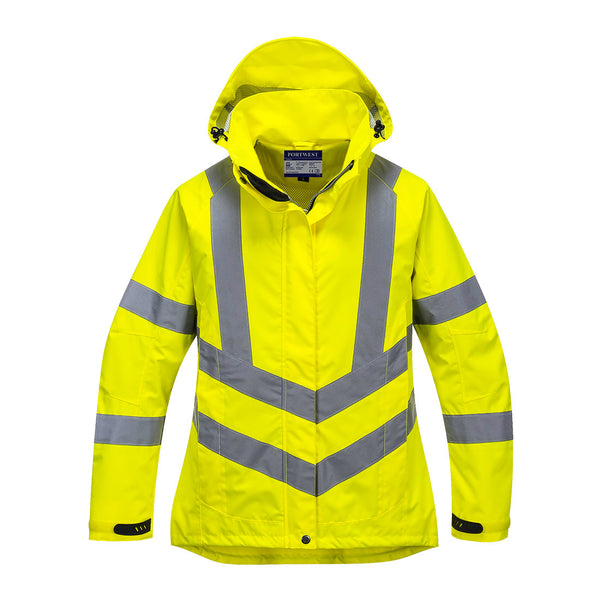 Women’s yellow hi-vis safety vest with full reflective tape and easy front zipper
