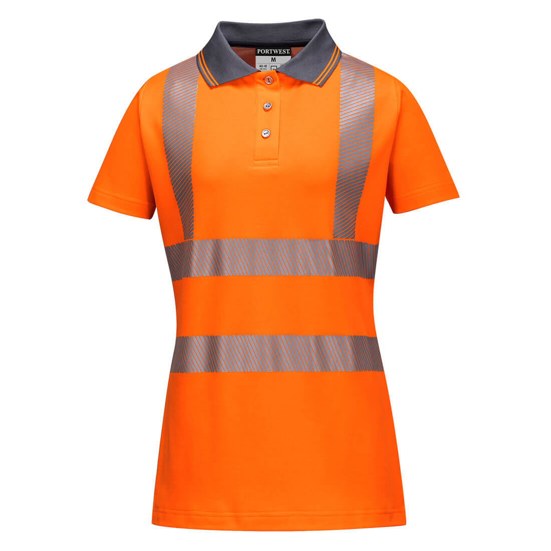 Flat lay of orange grey high visibility women’s polo shirt with reflective strip detail