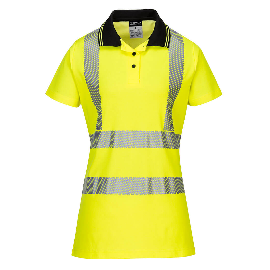 yellow black high visibility women’s polo shirt with safety reflective tape