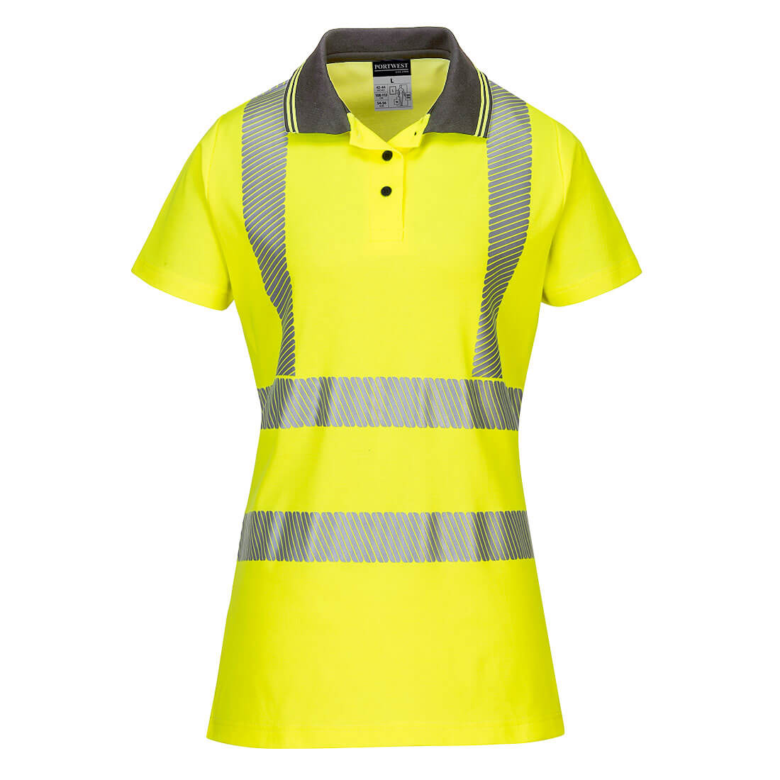yellow grey high visibility women’s polo shirt with contrast collar and tape