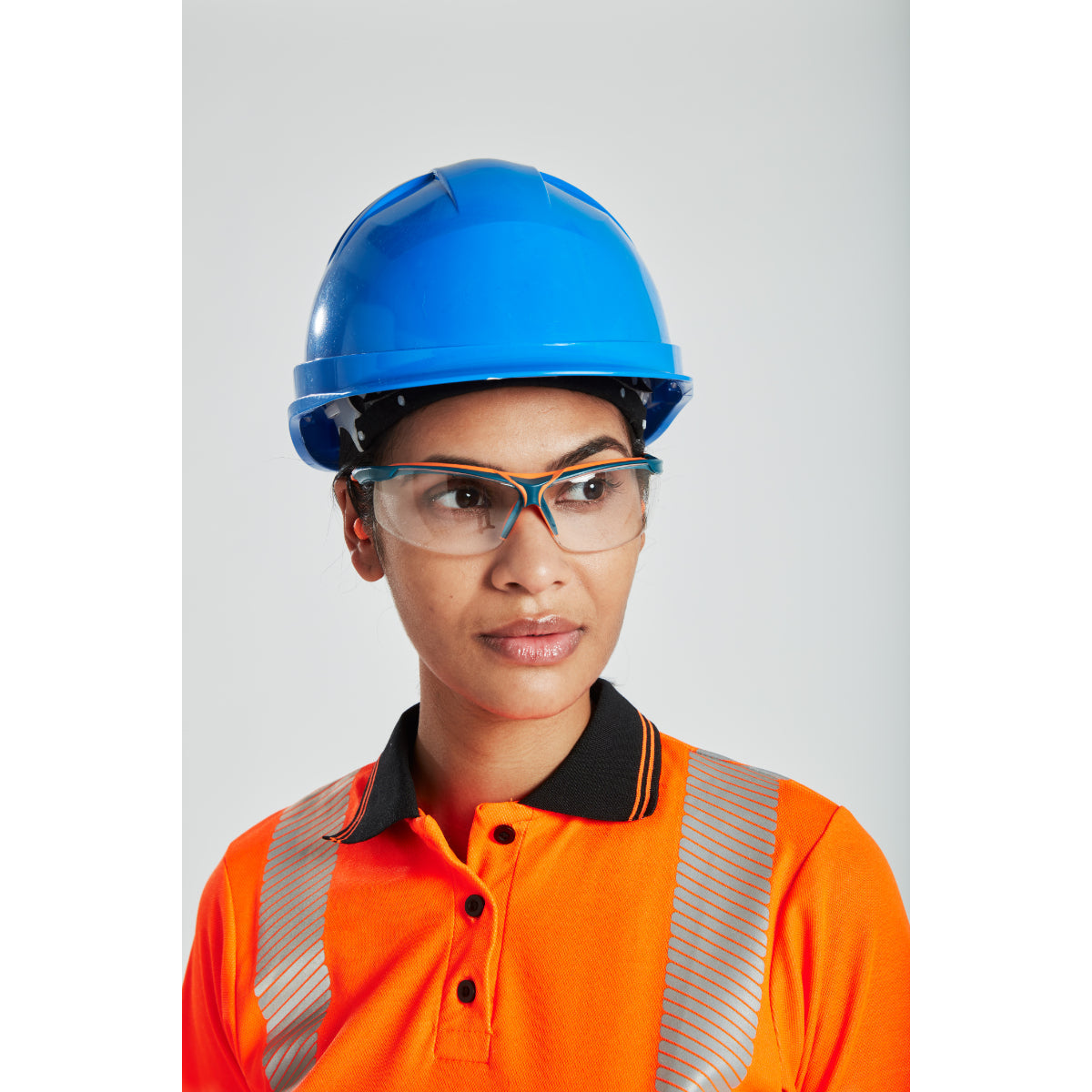 Two workers in Portwest safety helmets and high-visibility jackets.