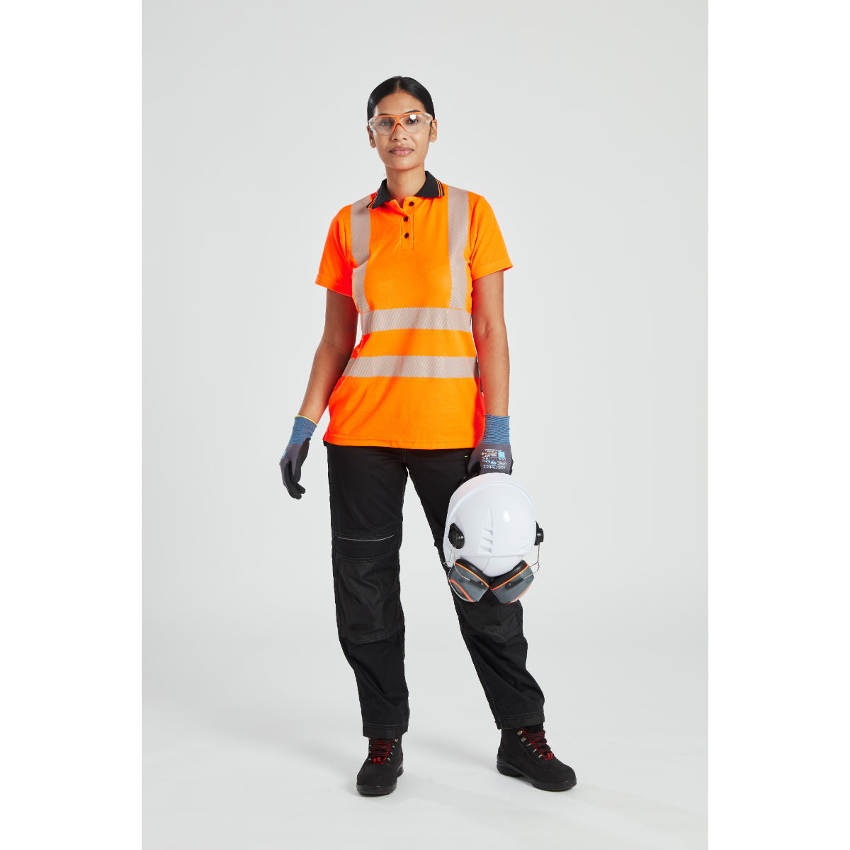 Full workwear outfit with hi-vis polo, gloves, safety glasses, helmet, and navy trousers