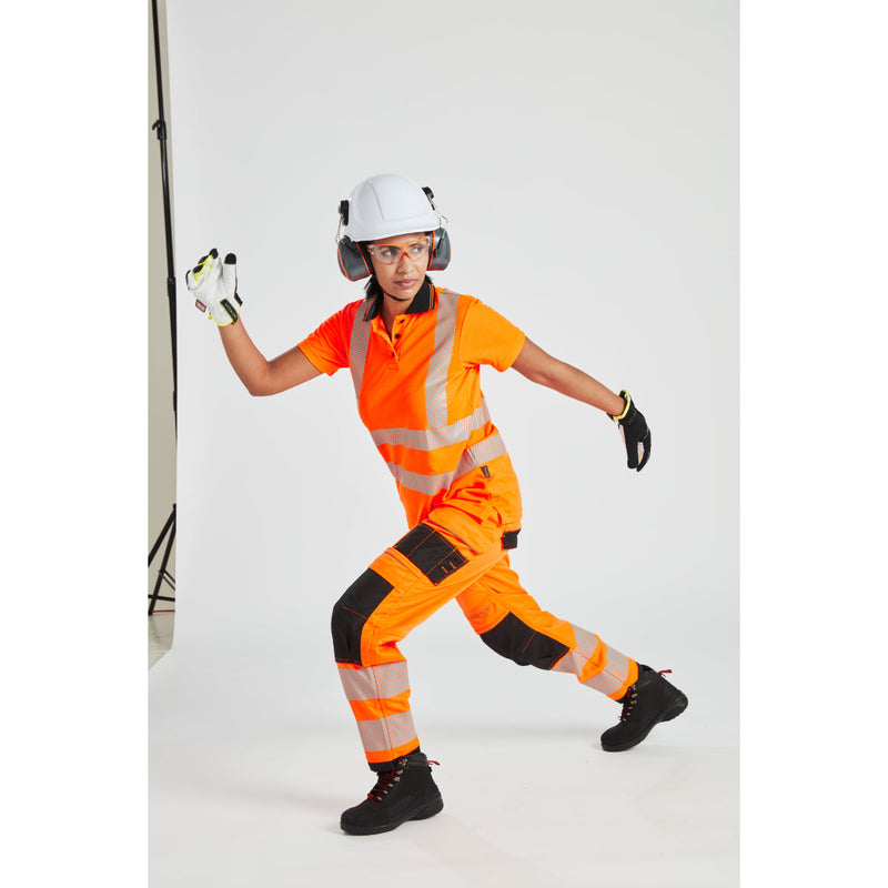 Front studio shot of the PW3 Hi-Vis Women's Stretch Trouser in yellow/black.