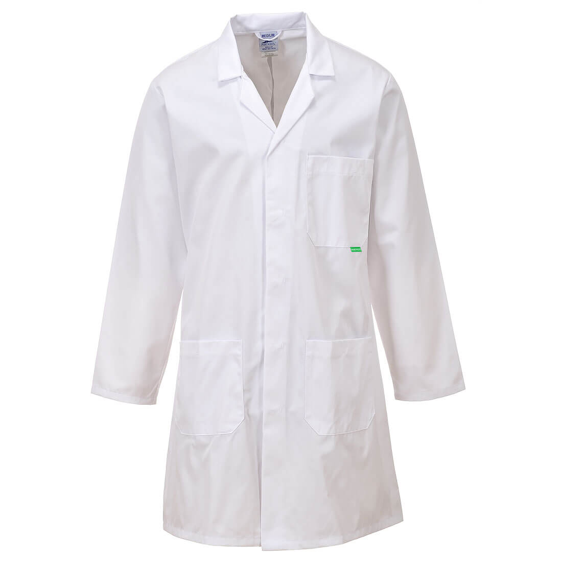 White safety coat with professional collar, concealed buttons, and long-sleeve fit