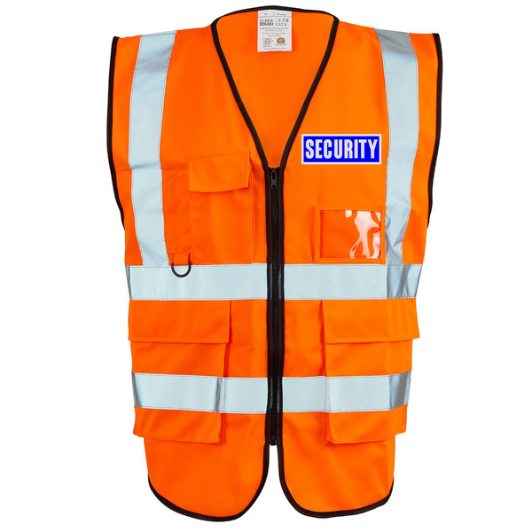 Mockup of an orange hi-vis vest with custom logo space.