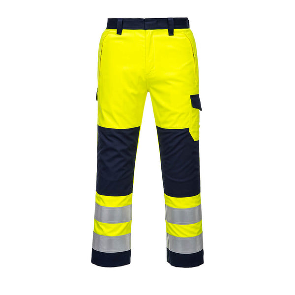 blue and yellow trousers with knee pad pockets and multiple utility compartments.