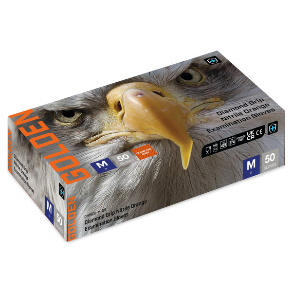 ORN Golden Heavy Duty Diamond Grip Orange Nitrile Gloves - 1 Case (10 Boxes of 50 Gloves)