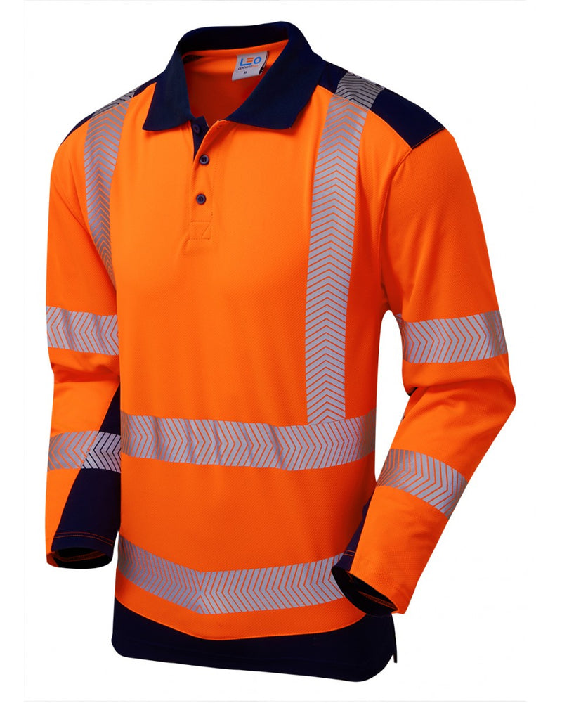 Leo Workwear Wringcliff Coolviz Plus sleeved polo shirt in hi-vis orange and navy.