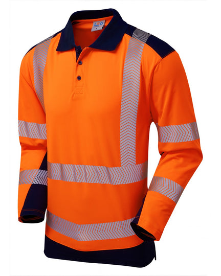 Leo Workwear Wringcliff Coolviz Plus sleeved polo shirt in hi-vis orange and navy.
