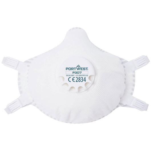 Portwest white respirator mask with valve and dual elastic straps for industrial protection