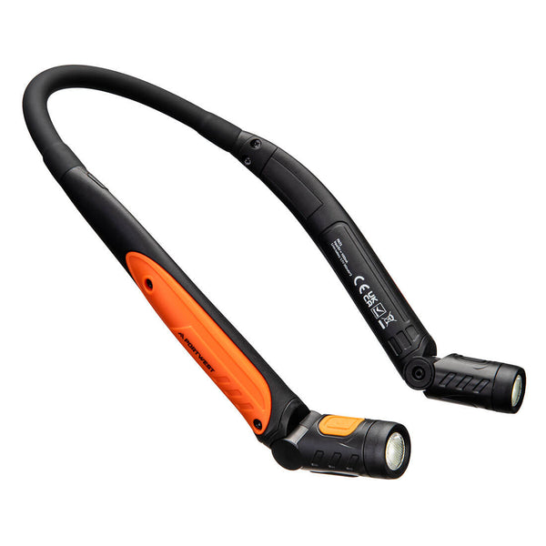 Black and orange Portwest PA73 USB rechargeable LED neck light with flexible arms.