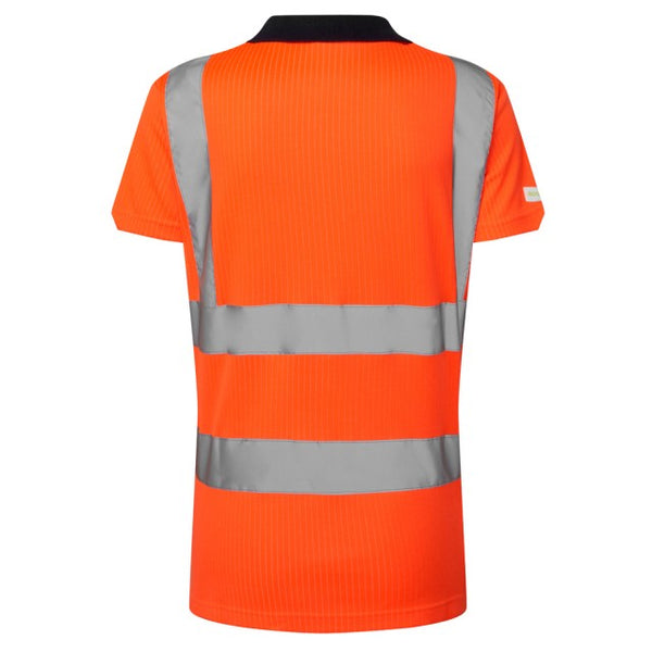 Angled view of the orange Leo Workwear Lana women's comfort polo shirt, showing reflective stripes and collar detail.