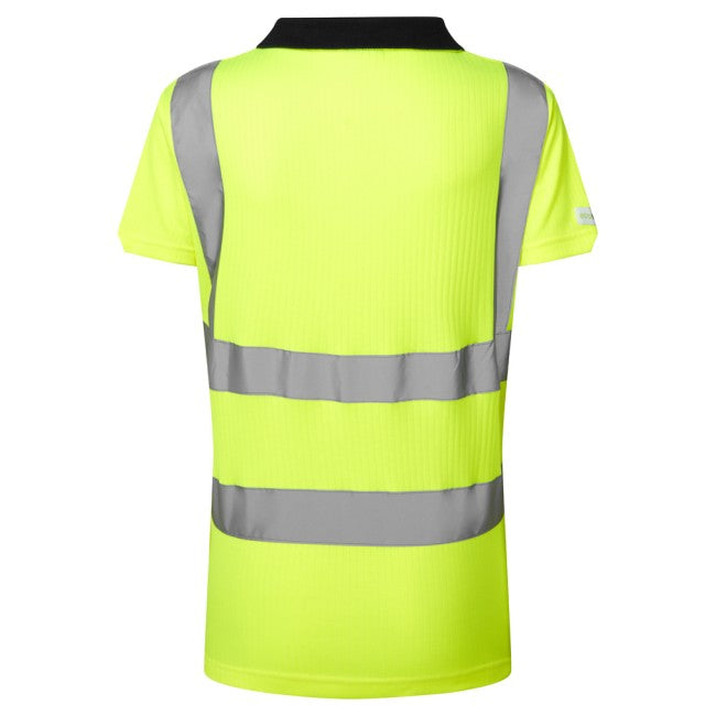 Angled shot of the yellow Leo Workwear Lana women's polo shirt, designed for a comfortable and safe fit for women.