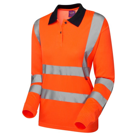 Leo Workwear hi-vis orange polo shirt with embroidered logo, front view.