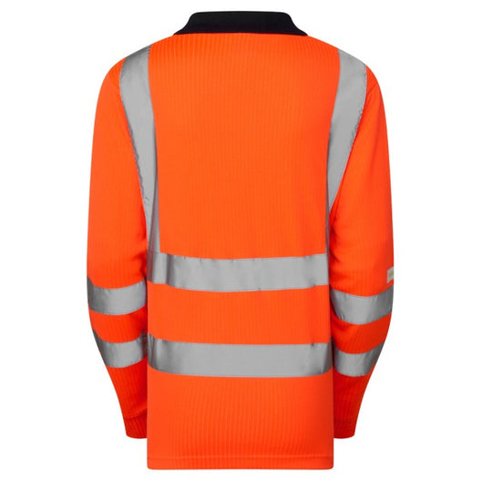 Leo workwear hi-vis orange polo shirt with company logo embroidered on chest, front view.