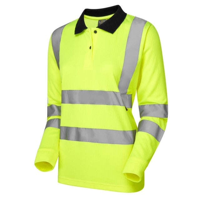 Leo Workwear hi-vis yellow polo shirt with company logo, breathable, durable, perfect for safety at work.