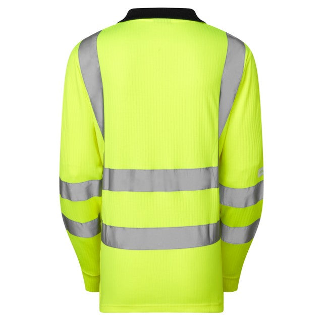 Leo Workwear hi-vis yellow polo shirt with embroidered logo, short sleeves, breathable fabric.
