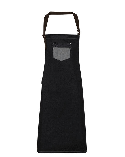 Premier Workwear Division Waxed Look Denim Bib Apron With Faux Leather - PR136M