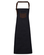 Premier Workwear Division Waxed Look Denim Bib Apron With Faux Leather - PR136M