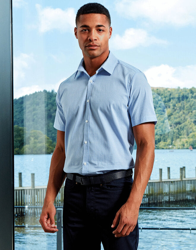 Premier Men's Short Sleeve Gingham Cotton Microcheck Shirt