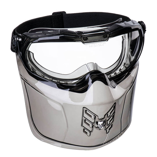 Clear Portwest Ultra Safe PS22 safety goggles with an adjustable strap.