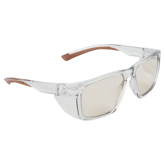 Brown Portwest PS26 safety glasses with integrated side shields.