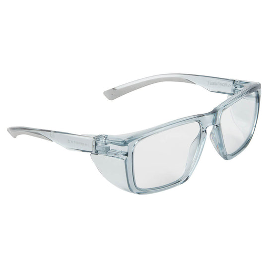 Clear Portwest PS26 safety glasses with integrated side shields.