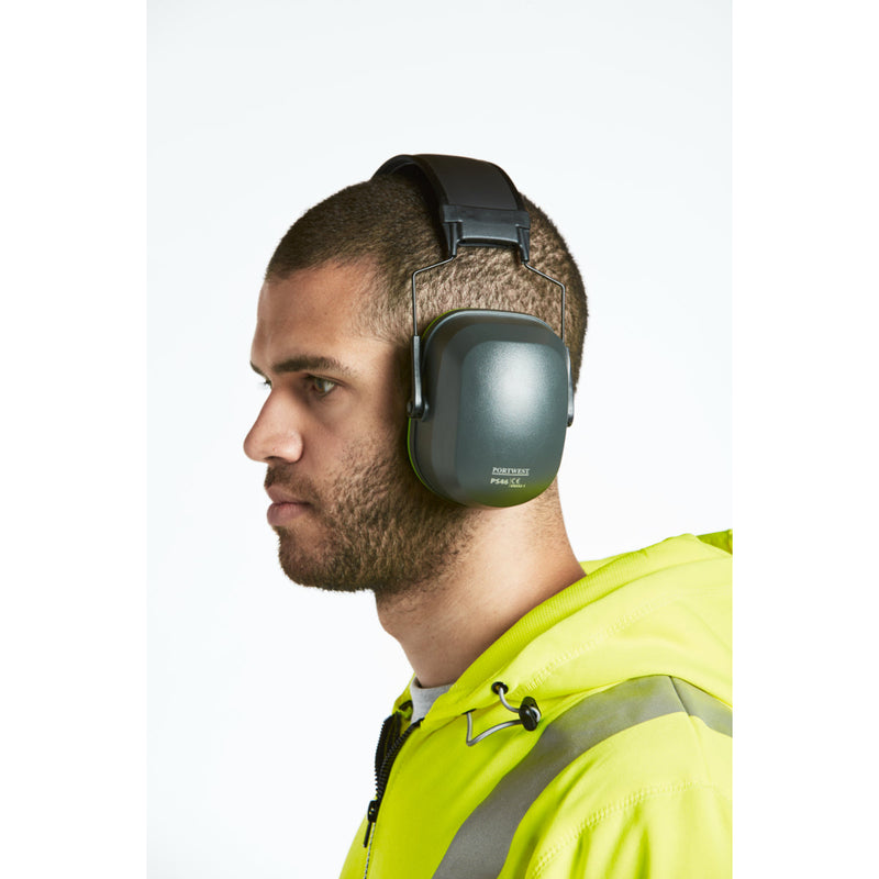 Close-up shot of the Portwest Premium Ear Muff (PS46) on a person's head.